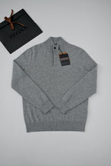 Zegna Men's Oatmeal Quarter Zip Mock Neck Cashmere Sweater, Quiet Luxury Old Money Business Casual Knit Pullover