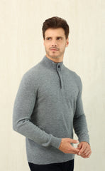 Zegna Men's Oatmeal Quarter Zip Mock Neck Cashmere Sweater, Quiet Luxury Old Money Business Casual Knit Pullover