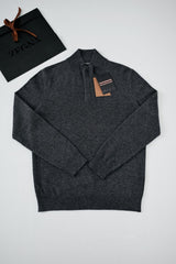 Zegna Men's Oatmeal Quarter Zip Mock Neck Cashmere Sweater, Quiet Luxury Old Money Business Casual Knit Pullover