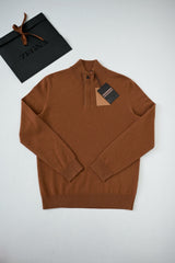 Zegna Men's Oatmeal Quarter Zip Mock Neck Cashmere Sweater, Quiet Luxury Old Money Business Casual Knit Pullover