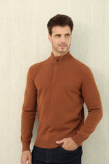 Zegna Men's Oatmeal Quarter Zip Mock Neck Cashmere Sweater, Quiet Luxury Old Money Business Casual Knit Pullover