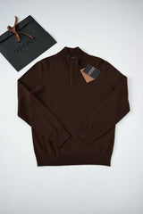 Zegna Men's Oatmeal Quarter Zip Mock Neck Cashmere Sweater, Quiet Luxury Old Money Business Casual Knit Pullover