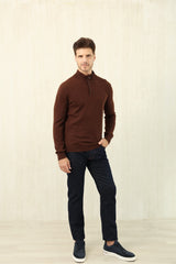 Zegna Men's Oatmeal Quarter Zip Mock Neck Cashmere Sweater, Quiet Luxury Old Money Business Casual Knit Pullover