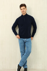 Zegna Men's Oatmeal Quarter Zip Mock Neck Cashmere Sweater, Quiet Luxury Old Money Business Casual Knit Pullover