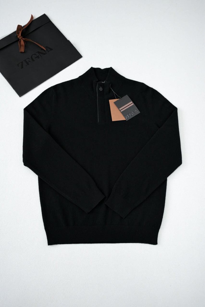 Zegna Men's Oatmeal Quarter Zip Mock Neck Cashmere Sweater, Quiet Luxury Old Money Business Casual Knit Pullover