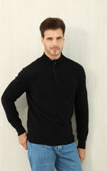 Zegna Men's Oatmeal Quarter Zip Mock Neck Cashmere Sweater, Quiet Luxury Old Money Business Casual Knit Pullover