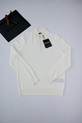 Zegna Men's Oatmeal Quarter Zip Mock Neck Cashmere Sweater, Quiet Luxury Old Money Business Casual Knit Pullover