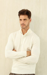 Zegna Men's Oatmeal Quarter Zip Mock Neck Cashmere Sweater, Quiet Luxury Old Money Business Casual Knit Pullover