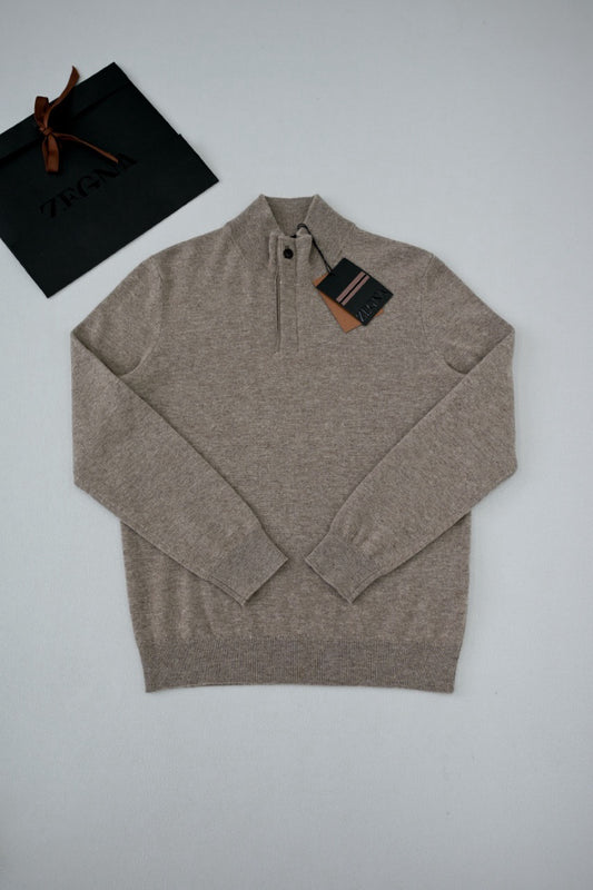 Zegna Men's Oatmeal Quarter Zip Mock Neck Cashmere Sweater, Quiet Luxury Old Money Business Casual Knit Pullover