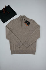 Zegna Men's Oatmeal Quarter Zip Mock Neck Cashmere Sweater, Quiet Luxury Old Money Business Casual Knit Pullover