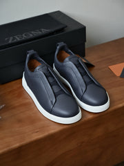 Zegna Men's Triple Stitch Deerskin Leather Sneakers, Quiet Luxury Old Money Slip-On Casual Trainers