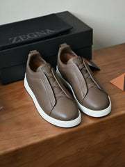 Zegna Men's Triple Stitch Deerskin Leather Sneakers, Quiet Luxury Old Money Slip-On Casual Trainers