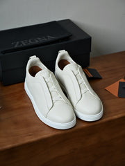 Zegna Men's Triple Stitch Deerskin Leather Sneakers, Quiet Luxury Old Money Slip-On Casual Trainers