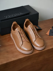 Zegna Men's Triple Stitch Deerskin Leather Sneakers, Quiet Luxury Old Money Slip-On Casual Trainers