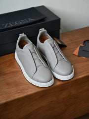 Zegna Men's Triple Stitch Deerskin Leather Sneakers, Quiet Luxury Old Money Slip-On Casual Trainers