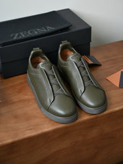Zegna Men's Triple Stitch Deerskin Leather Sneakers, Quiet Luxury Old Money Slip-On Casual Trainers