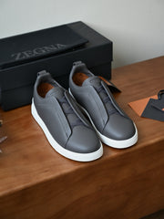 Zegna Men's Triple Stitch Deerskin Leather Sneakers, Quiet Luxury Old Money Slip-On Casual Trainers
