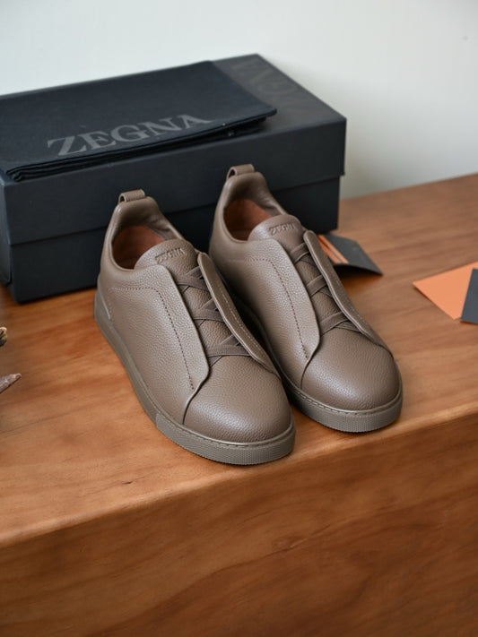 Zegna Men's Triple Stitch Deerskin Leather Sneakers, Quiet Luxury Old Money Slip-On Casual Trainers