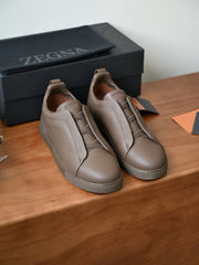 Zegna Men's Triple Stitch Deerskin Leather Sneakers, Quiet Luxury Old Money Slip-On Casual Trainers