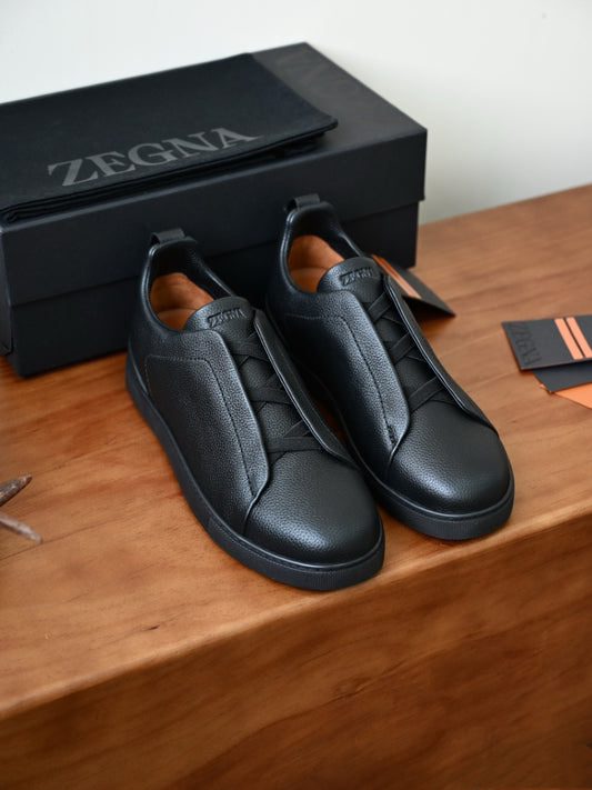Zegna Men's Triple Stitch Deerskin Leather Sneakers, Quiet Luxury Old Money Slip-On Casual Trainers