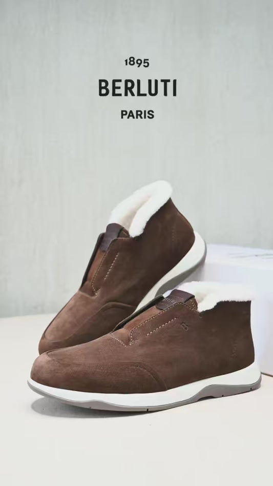 Berluti Men's Grained Leather Shearling Lined Slip-On Ankle Boots, Quiet Luxury Old Money Winter Casual Sneaker Boots