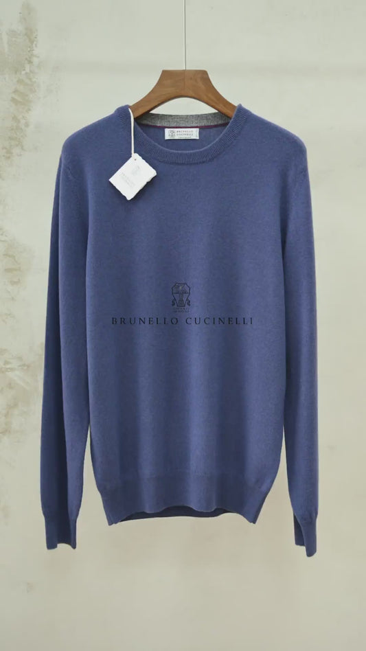 Brunello Cucinelli Men's Navy Crew Neck Cashmere Sweater, Quiet Luxury Old Money Business Casual Fine Knit Pullover