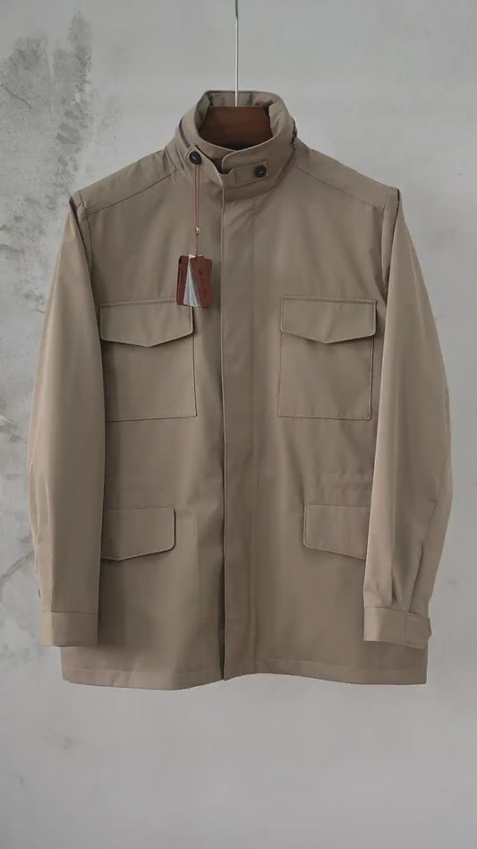 Loro Piana Men's Stand Collar Multi-Pocket Field Jacket, Quiet Luxury Old Money Windproof Utility Casual Coat
